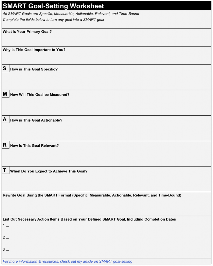 smart goal worksheet template